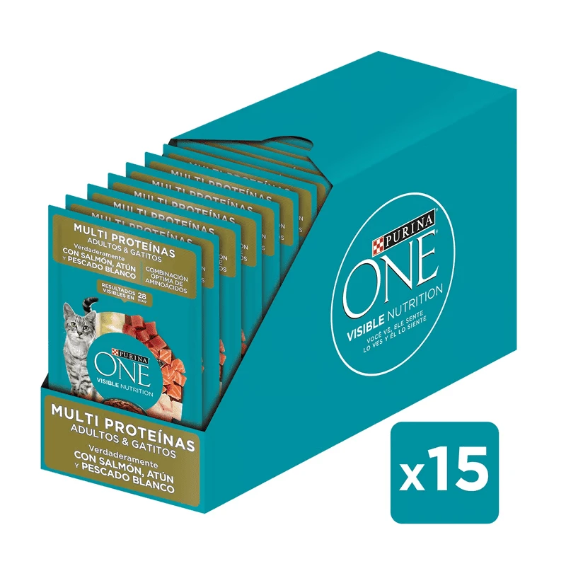 Pack 15 Sobres Purina One Gato Adulto Gatitos Multi Proteínas 85g (Salmón, Atún Y Pescado Blanco) 3 Pack 15 Sobres Purina One Gato Adulto Gatitos Multi Proteínas 85g (Salmón, Atún Y Pescado Blanco)